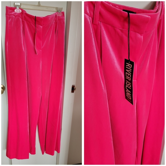 River Island Hot Pink Velvet Wide Leg Pants - Sz US 10 - Picture 3 of 5